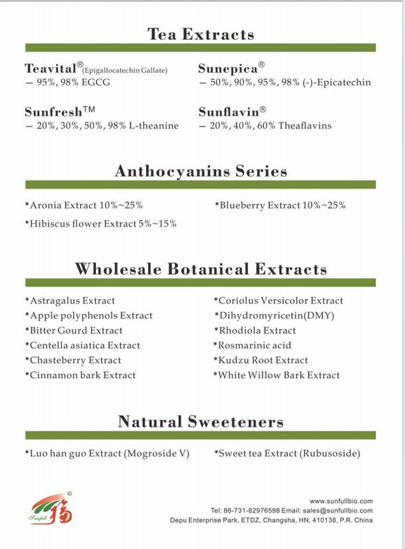 Hunan Sunfull Ingredientes de hierbas orgánicas Teaflavinas 10~40% EGCG 40% Catequinas 70% Polifenoles de té 98% Extracto de té verde